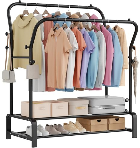 SMILOVII Heavy Duty Clothes Rail, Free Standing Clothing rail with Hanging Rail、Shoe Storage & 8 Hooks, Sturdy Metal Double Clothes rail, Perfect clothes rails for bedroom - Black