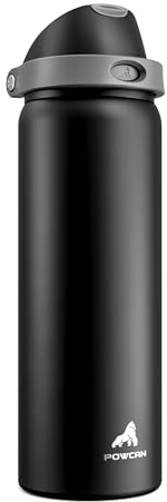 POWCAN 32 oz Stainless Steel Water Bottle for Sports: One-hand Push Button Lid, Leakproof, Keep Cold 24Hrs, Stainless Steel Cup with Straw for Camping, Outdoors, Workout, Travel (Midnight Black)