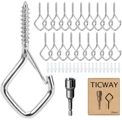 Ticway 20 PCS Q-Hanger Hooks for String Lights, Ceiling Hangers for Plants & Wind Chimes, Christmas Decorations Outdoor Hooks Silver