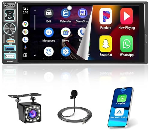 Hikity Autoradio Bluetooth 1 DIN con Wireless Carplay Android Auto, Radio 1 Din con Touch Screen da 6,8 Pollici, Lien Miroir, Radio FM, Type-C, 2USB, SWC, EQ, Telecamera Posteriore, MIC