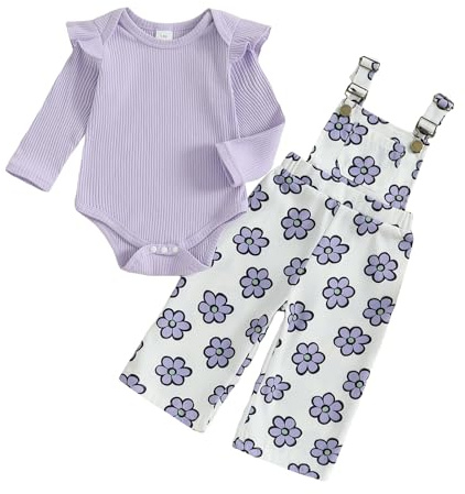 XIXIMAON Infant Baby Girl Outfits Solid Color Long Sleeve Ribbed Bodysuits Floral Suspenders Trousers Newborn Autumn Clothes Girls Overalls Dungarees (Purple, 9-12 Months)