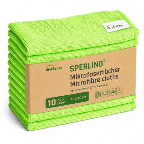 Sperling Lot de 10 chiffons en microfibre - 40 x 40 cm - Bleu/vert - Lavettes absorbantes et non pelucheuses - En microfibre - Pour voiture, cuisine, salle de bain et maison (vert)