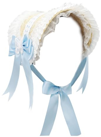 Besforta Girls Women Victorian Lolita Flat Bonnet Cap Tea Party Sun Hat Lace Bows Flower Ribbons Straw Hats