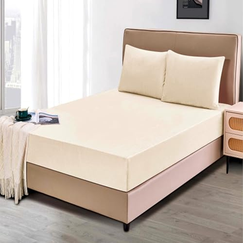 DH DREAMER HOME Sábanas Bajeras Térmica de Terciopelo Ajustable para Invierno de 3 Piezas 150x200+25cm + 2 Fundas Almohada de 50x90cm - Bajera Pólar Suave y Acogedora (Marfil, Cama 150)