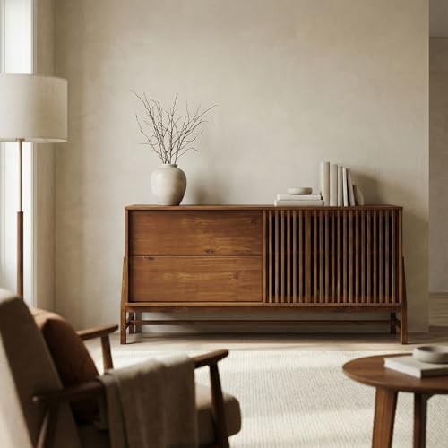 IDIMEX Sideboard Adamo 145 cm aus Massivholz, Kastanie Finish - Kommode mit markanter Lamellenschiebetür, Wohnzimmer Möbel mit 2 Schubladen, Anrichte mit verstellbarem Einlegeboden