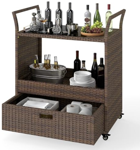 GIANTEX Carrello Bar da Esterno con Ruote, Carrello di Servizio in Rattan con Ripiano in Vetro Temperato, Scaffale di Stoccaggio e Cassetto Rimovibile per Veranda, Giardino e Bordo Piscina