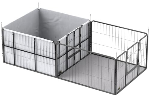 PawHut Wurfkiste für Welpen 7 Paneele 2 Tür 203 x 102 x 60 cm Schwarz | Wurfbox Welpenlaufstall, 2 Bereichen, Waschbare Wurfunterlage, Hundelaufstall Welpenauslauf, für Kleine, Mittelgroße Hunde
