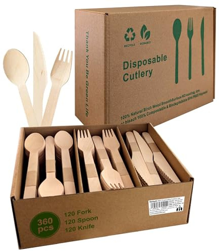 Deltafit 360-Piece Wooden Cutlery Set - 100% Natural Birch Wood Disposable Utensils (120 Forks, Spoons, Knives) - Heavy Duty, Eco-Friendly & Compostable Flatware