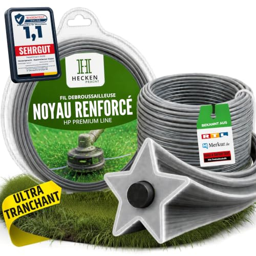 Heckenpracht® Fil de débroussailleuse avec noyau de renfort - 2,4 mm x 100 m - Profil étoile extrêmement tranchant - Fil pour débroussailleuse - Fil pour débroussailleuse