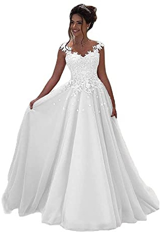 Beyonddress Damen Tulle Abendkleider Lang Hochzeit Spitze Prinzessin Ärmellos Brautkleid Ballkleider(Weiß,38)