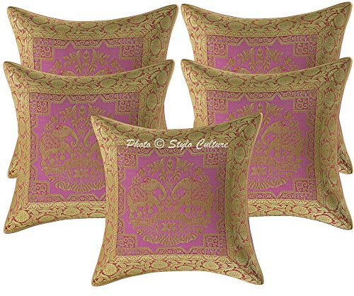 Stylo Culture Ethnico Fundas Cojines Decorativa 40x40 cm Brocado De Seda Elefante Funda Almohadon Sofa Rosa Bebé 16x16 Inch Jacquard Cuadrado Cremallera Fundas De Almohadones para Cama - 5 Pcs