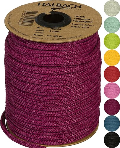 Halbach Papier-Strickschlauch, 4 mm x 30 m, Berry | Befüllbares und reißfestes Schlauchgarn, für Knüpfarbeiten oder Biegen individueller Formen durch eingezogenen Draht
