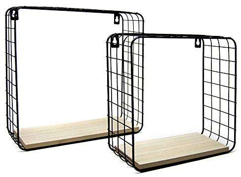 BAKAJI Set 2 Mensole da Parete Moderne Design Quadrato Mensola Scaffale Cubo Struttura in Metallo Nero Ripiano in Legno MDF Varie Dimensioni