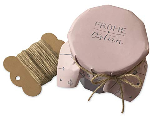 25 Marmeladendeckchen - Frohe Ostern - Gläserdeckchen rosa für Marmelade, Marmeladengläser & Einmachgläser, Recyclingpapier Abreißblock + 10 m Jute Garn + Justiergummi