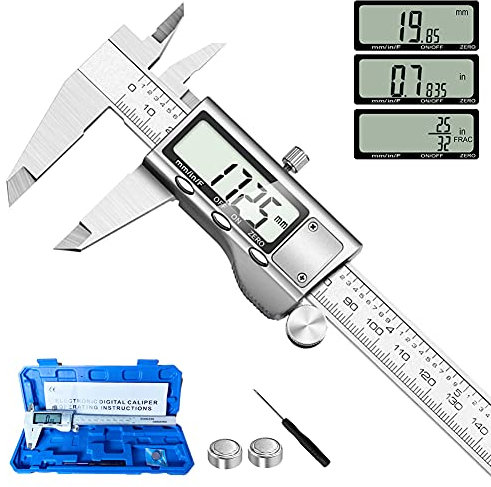 Digital Caliper Measuring Tool, Stainless Steel Vernier Caliper Digital Micrometer with Large LCD Screen, Easy Switch from Inch Metric Fraction, 6 Inch Caliper Tool for DIY/Household
