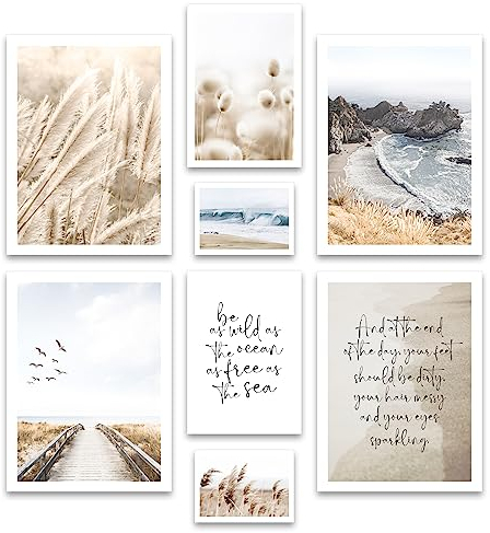 ARTFAVES® Poster Set - BEIGE SEA PAMPAS - mehrteilige Wanddeko Wohnzimmer & Schlafzimmer - 8 moderne Wandbilder Pampasgras, Strand, Meer, natur, maritim - ohne Bilderrahmen