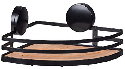 WENKO Étagère Salle de Bain d'angle de Douche Static-Loc® Plus Alba | Etagère Murale de Salle de Bains | Fixation sans perçage | Acier laqué et Bambou Durable | 27,3 x 21 x 10,8 cm | Noir et Bois