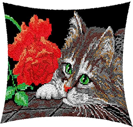 YOJOLO Knüpf Sets Knüpfkissen Zum Selber Knüpfen Knüpfteppiche Katze Muster Kissen Kissenbezug Kreuzstich Handwerk Erwachsene Kinder Kunsthandwerk Latch Hook Kit,43×43cm/17×17in