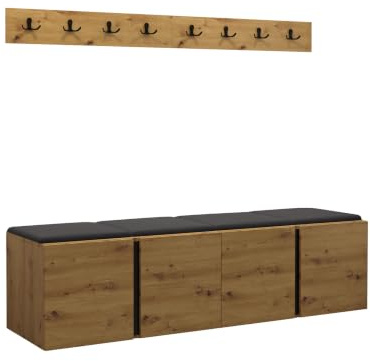 Mirjan24 Garderoben-Set Monati VII, 2X Schuhschrank + 2X Kleiderhakenbrett und Gepolstertes Paneel/Wandpaneel, 8 Doppelhaken, Flurgarderobe, Wandgarderobe (Eiche Artisan/Schwarz, Manila 18)