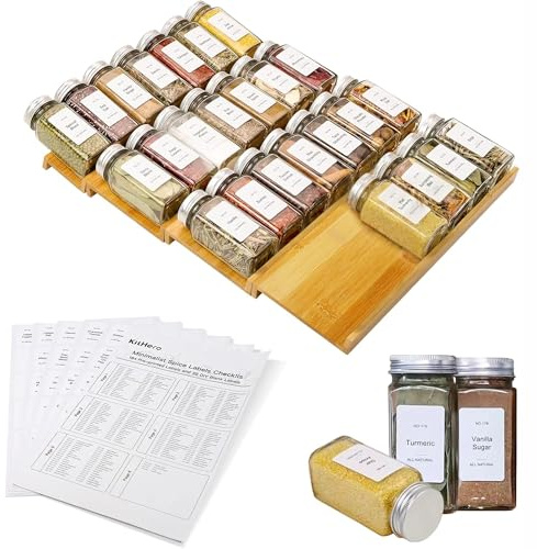 KitHero Gewürzschubladen-Organizer mit 28 Gewürzgläsern, 216 Etiketten, 25 rutschfesten Gummis, Bambus 4-stufiges Gewürzregal für Küchenschubladen, Schränke, Arbeitsplatten, 33 cm x 40,1 cm