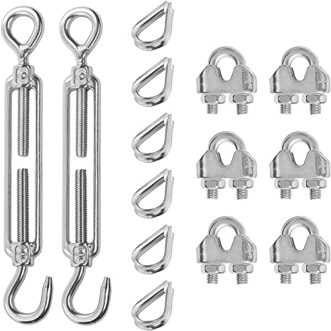 LQSCJS 2PCS M6 Hook & Eye Turnbuckle 304 Stainless Steel Turnbuckle Wire Rope Tension, 5PCS M3 Stainless Steel Thimble, 6PCS M3 Wire Rope Clip Clamp, Cable Railing Kit for Wire Rope Cable