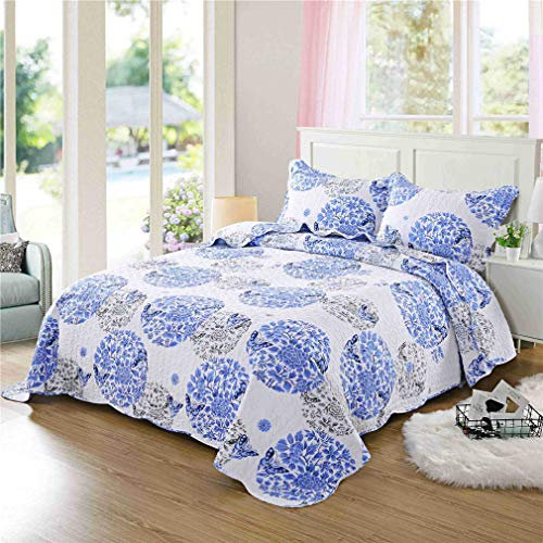 SXSGSM Gesteppte Tagesdecke, Doppelbett, King-Size-Bett, 230 x 250 cm, 100 % Baumwolle, Blau und Weiß, Porzellan, Steppdecke, Bettüberwurf, Decke mit Kissenbezügen, 3-teiliges Bettwäsche-Set