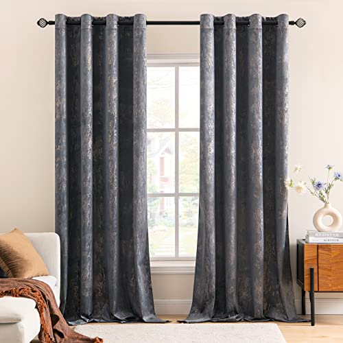 MIULEE Samtvorhang Grau Verdunkelungsvorhang Ösen 2er Set B 140 x H 160cm,Vorhang Blickdicht Vorhänge Samt mit Goldfolie Muster für Deko Schlafzimmer Wohnzimmer Wärmeisolierende Velvet Curtains