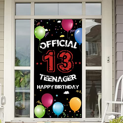 HTDZZI Offizieller Teenager 13. Geburtstag Tür Hintergrund Banner, Happy 13th Birthday Dekorationen für Jungen Mädchen, Schwarz Weiß 13 Jahre alt Geburtstag Party Hofschild Foto Requisiten für Outdoor