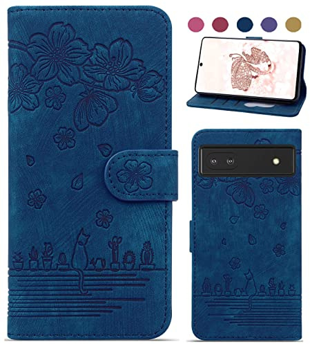 Bxithnr Handyhülle für Google Pixel 6A - Flip Case Cover mit Standfunktion, Kartenfächer, Kirschblütenmuster in Blau