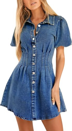 KDF Summer Dress for Women Puff Sleeve Slim Fit Jean Dresses for Women 2025 Casual