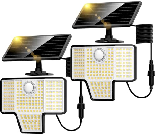 K KASONIC Lampes Extérieures Solaires à Capteur de Mouvement, 6500K LED Lumières de Sécurité, Illumination à Grand Angle de 270°, 2 Pack de Projecteurs Solaires Étanches IP65 avec Fil de 5M