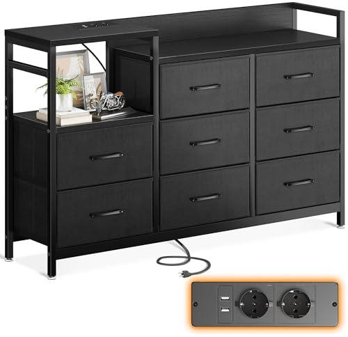 ODK Kommode mit schubladen, mit 2 USB und Steckdosen, 8 Stoffschubladen | Kommode Schlafzimmer, Kommode Wohnzimmer, Kommode Schwarz, 132 x 30 x 88 cm