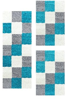 Carpetsale24 Bettumrandung Schlafzimmer 3 teilig Shaggy Hochflor Teppich Blau Bettvorleger Schlafzimmer Bettset: 2 St. 60x110 cm | 1 St. 80x150 cm - Teppich Läufer Set Kariert Design