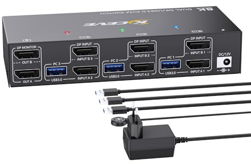 8K@30Hz KVM Switch 3 PCs 2 Monitore, 4K@144Hz Displayport KVM Switch 3 PCs teilen sich 2 Monitore und 4 USB 3.0-Geräte, inklusive kabelgebundene Fernbedienung, Netzteiler und 3DP+3USB3.0-Kabeln