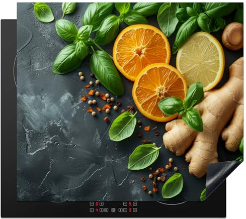 KitchenYeah© Herdabdeckplatte Einteilig Induktionsmatte Küche Abdeckung | 60x52 cm - Ceranfeld Herd Abdeckplatte Deko Vinyl Matte Aufrollbar Kräuter - Obst - Beton - Ingwer - Blätter