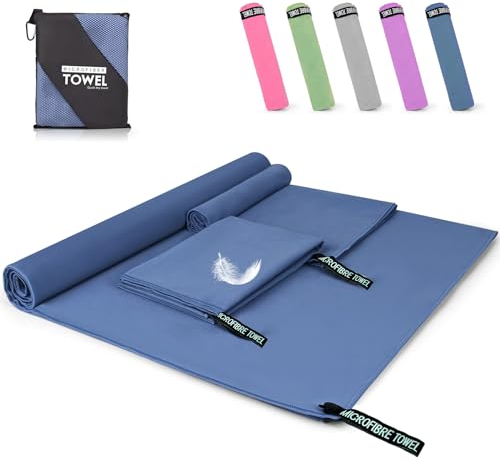 Pfloge® Mikrofaser Handtuch 3er Set, 180x80cm Microfaser Handtücher Groß+ 2 Stück 80x40cm Klein Fitness Handtuch, Farbecht Mikrofaser Badetuch, für Fitness, Sauna,Strand, Reise(Navy Blau)