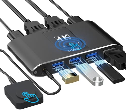 Kvm Switch HDMI 2 PC 1 Monitor, USB 3.0 KVM Switches Sharing 3 USB Devices Supports Wired Remote and Button Control, EDID Compatible, Suitable for Laptop/Desktop
