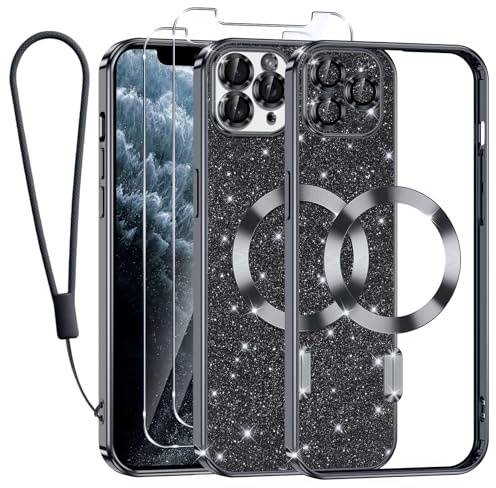 Kokio Handykette für iPhone 11 Pro Max Hülle Glitzer, [Kompatibel mit MagSafe] Magnetisch Handyhülle für iPhone 11 Pro Max mit 2 Stück Schutzfolie Stoßfeste Silikon TPU Schutzhülle, Schwarz
