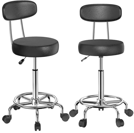barhocker höhenverstellbar 2er set Rollhocker für Büro Zuhause Friseurladen | 360° Schwarz drehstuhl mit rollen, 3-stufiger pneumatischer Hubarm von 48-63 cm, 10cm weiches Polster, Praktisches Fußpedal