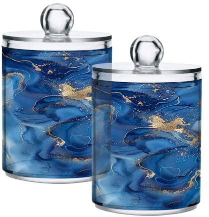 Sevdomey Blue Marble Qtip Holder with Lid Set of 2, Clear Plastic Apothecary Jars Bathroom Storage Containers for Cotton Ball, Cotton Swab, Cotton Round Pads, Floss