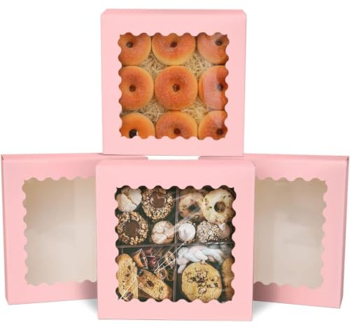 Gcardist Auto-pop Up Pink 20.3x20.3x6.4cm 12Pcs Cookie Box with Window Pastry Macaron Bakery Box For Packaging (8x8x2.5 inch)