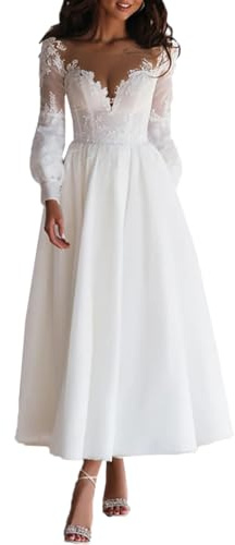 Beyonddress Damen Spitze Brautkleider Kurz Hochzeitskleider Langarm Appliques Standesamt Tea Lerngth Brautkleider