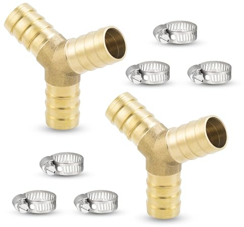 Yoebor 2pcs Brass Hose Barb Fitting Reducing Y-shape Tee, 5/8 Barbed x 5/8 Barbed x 3/8 Barbed Reducer 3-way Wye T-fitting W/6 Hose Clamps