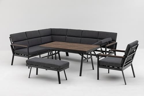 Gardissimo Nara XL Oak Links Dining Eck Lounge Set | Mit Ecksofa, Esstisch, Bank, Sessel & Kissen, Wetterfest bis 10 Personen, Bezüge Waschbar, Alu Sitzgruppe, Gartenlounge