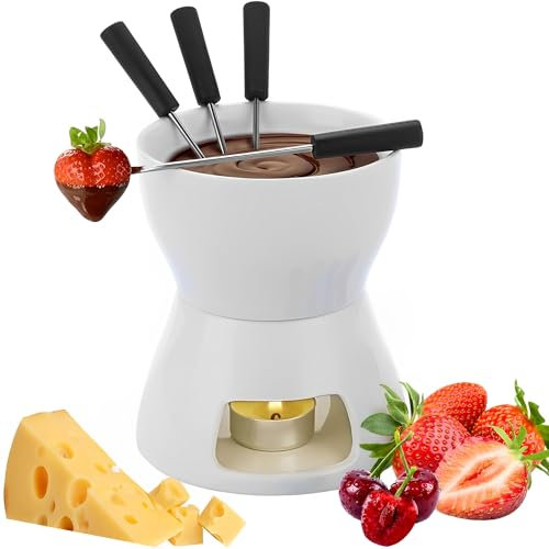 MZSX Set de Fondue de Queso y Chocolate, Set Completo de Fondue de Queso con Vela y 4 Tenedores, Mini Fondue Pot Taza de Fondue de Chocolate de Porcelana, para Casa,Blanco