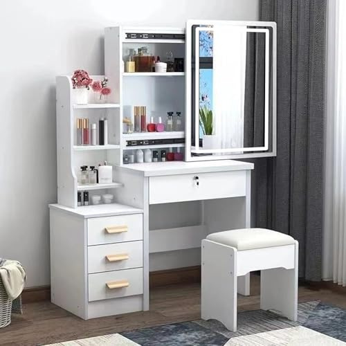 Dressing Table with LED Lights with Adjustable Brightness,Vanity Table with Mirror,4 Drawers,6 Shelves,Makeup Table with Mirror and Stool,Modern Makeup Vanity Desk with Mirror and Chair for Bedroom W