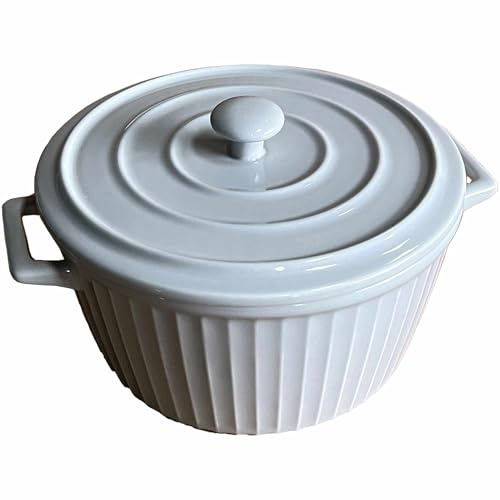 Casseruola in ceramica per forno, 850,5 g, in gres, cocotte, ciotole per zuppa di cipolle francesi con coperchi e manici, pirottini per stufati e lasagne, pentola bianca