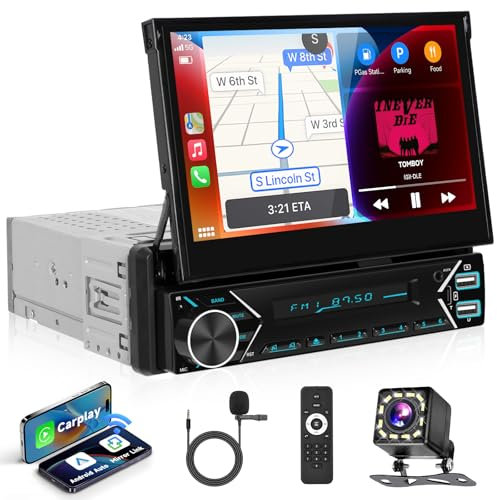 Single Din Radio 𝐰𝐢𝐭𝐡 𝐃𝐀𝐁 Wireless Carplay Single Din Stereo,7 IPS Motorized Flip Out Car Radio Car Play Android Auto Bluetooth Mirror Link Type-C/USB/AUX/TF SWC Car Audio+Backup Camera
