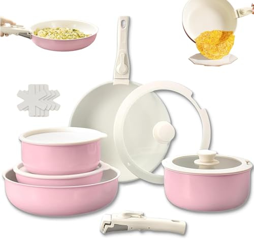 Gourmetific Cookware Set, 2025 Upgraded 15 Piece Gourmetific Kitchen Kit, Pots and Pans with Detachable Handle Set, Stackable Storage, Easily Clean (Pink)