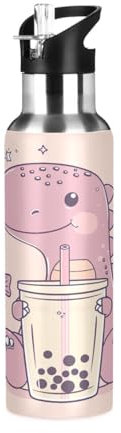 Botella de agua deportiva sin BPA con pajita, 32 onzas, botella de agua de acero inoxidable para gimnasio, viajes al aire libre, escuela, dinosaurio, té de burbujas